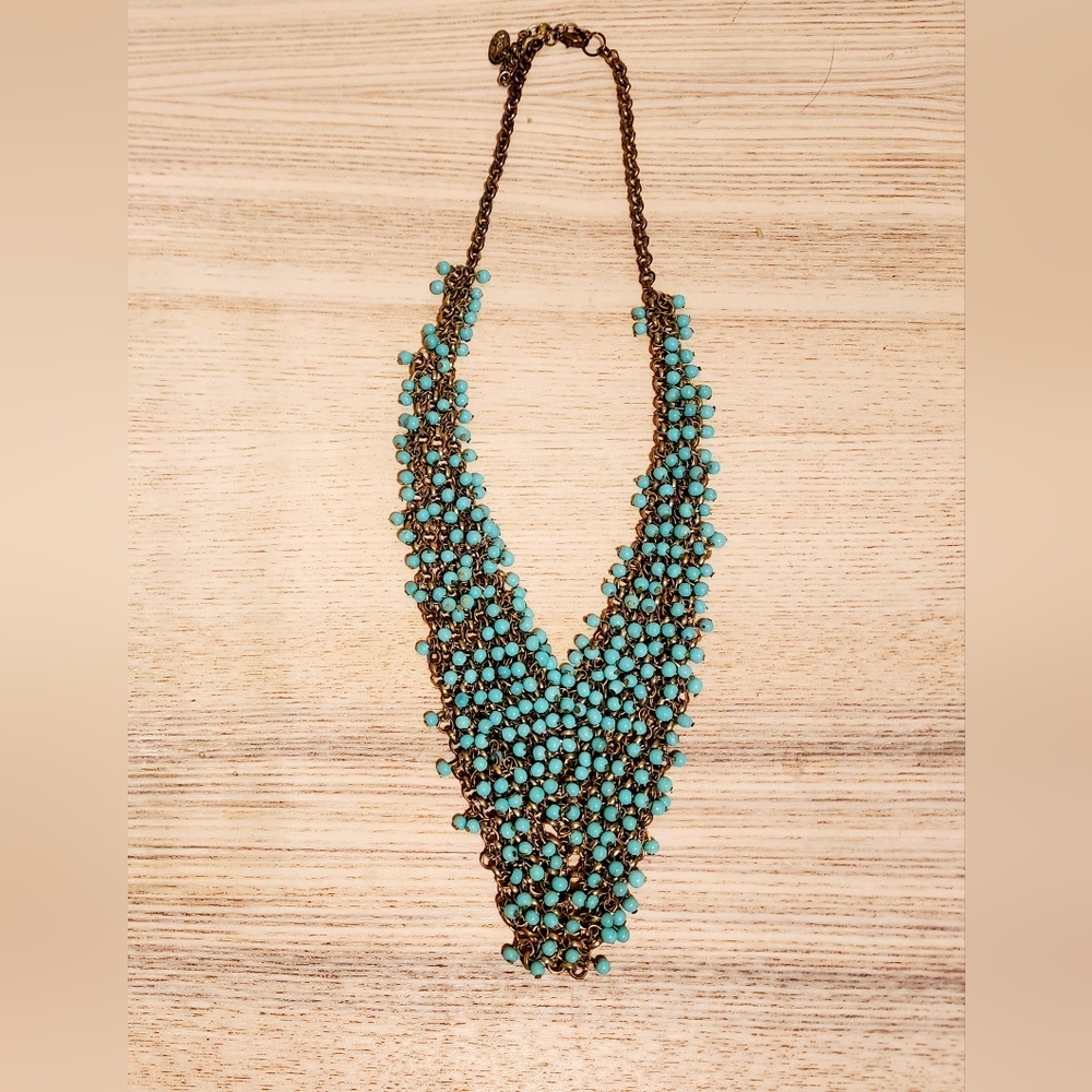 Tanjore India Vintage Statement Necklace Blue Glass Beaded Chainmail